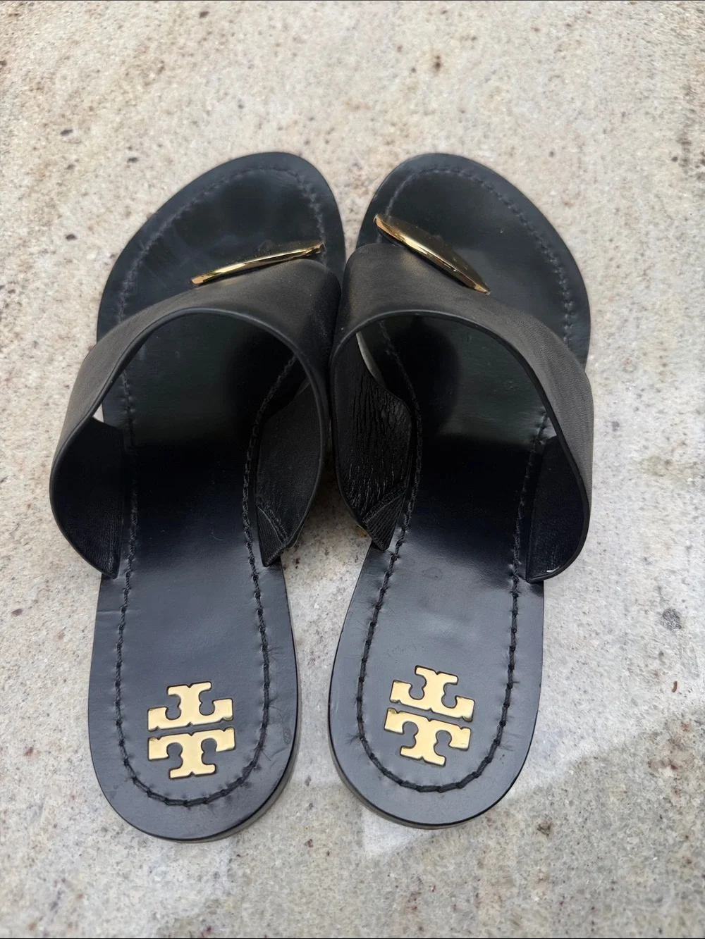 Tory Burch Black Pathos Disk Leather Sandal with Gold Discs